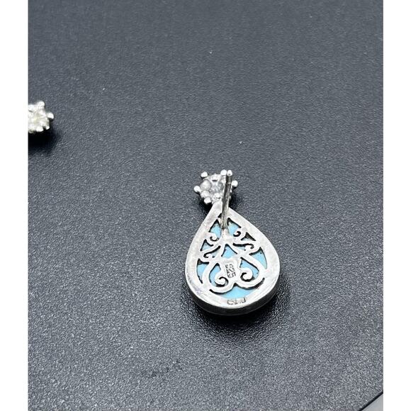 ClJ Turquoise Sterling Silver Teardrop Open Back Metal Work Flower Earrings - Picture 7 of 10